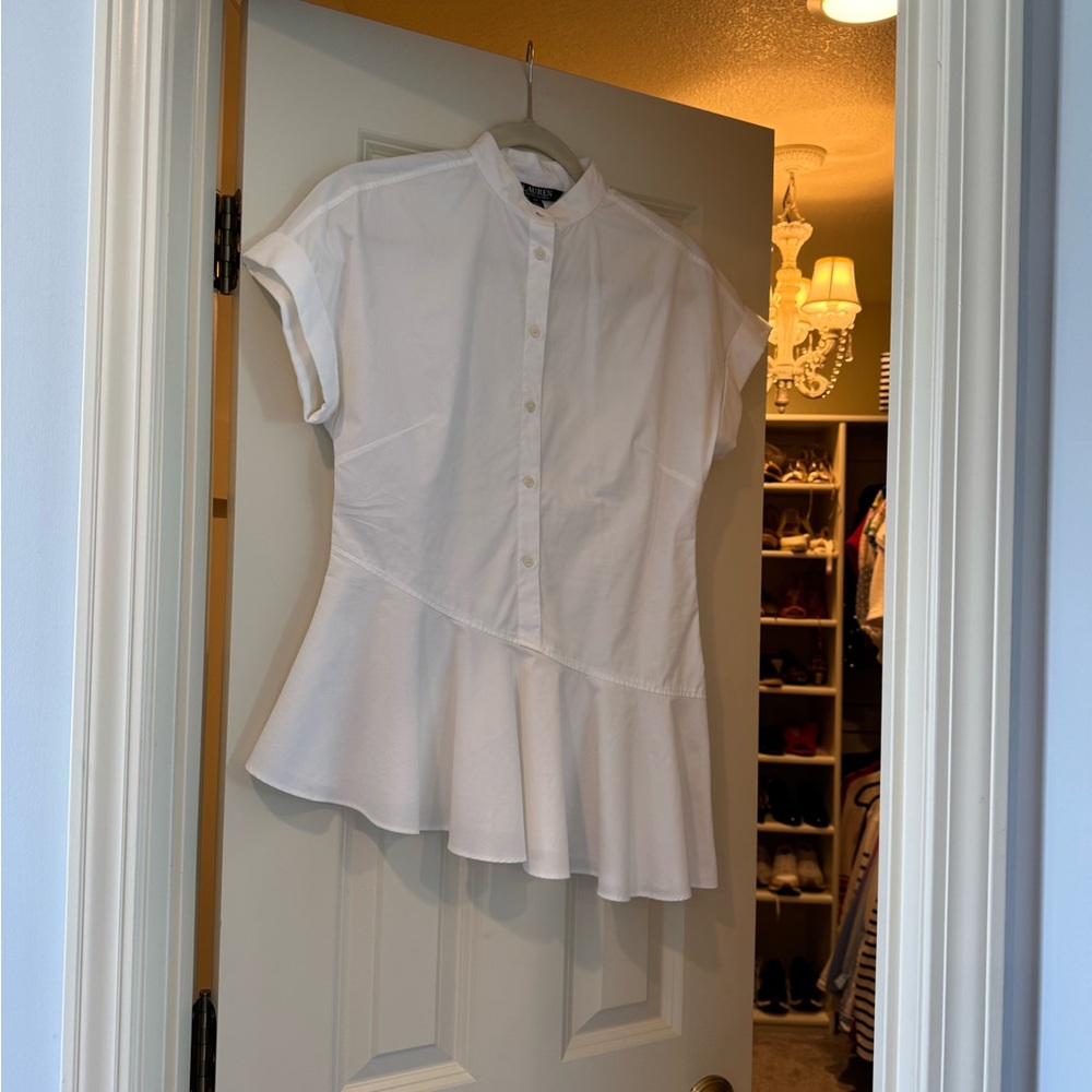 Ralph Lauren White Short-Sleeve Peplum Button-Up Blouse